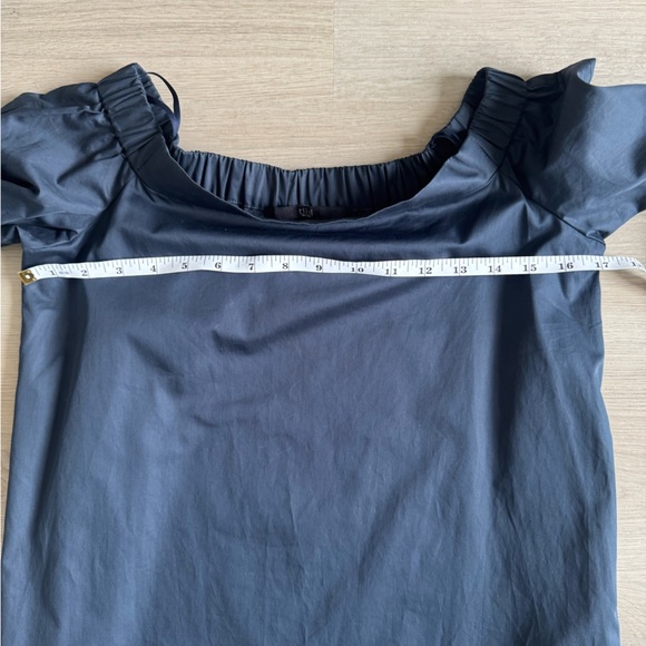 Tibi Off-Shoulder Navy Blue Shift Dress Wylie Satin Bow Sleeves Mini Size 0 XS - Picture 7 of 12